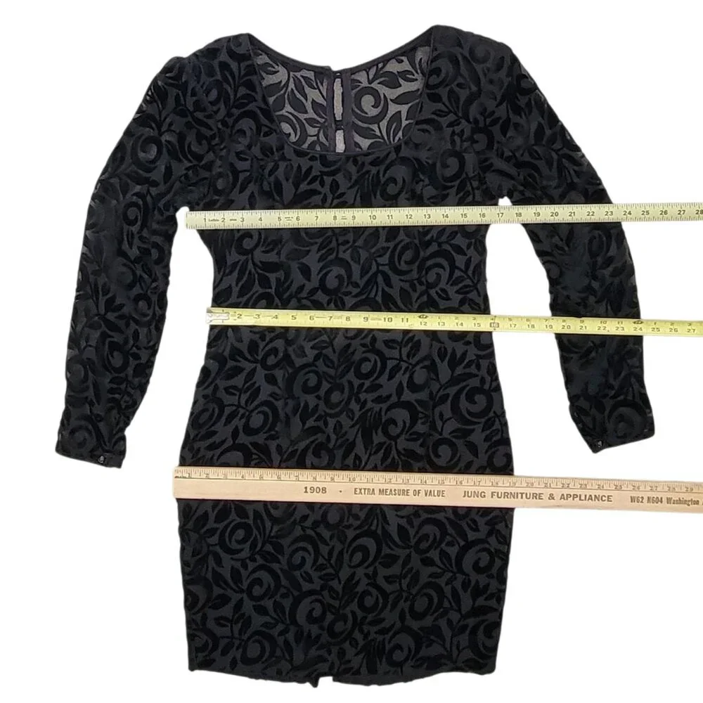 Vintage 90s Black Velvet Burnout Floral Cocktail Dress | Long Sleeve Sheer Y2K